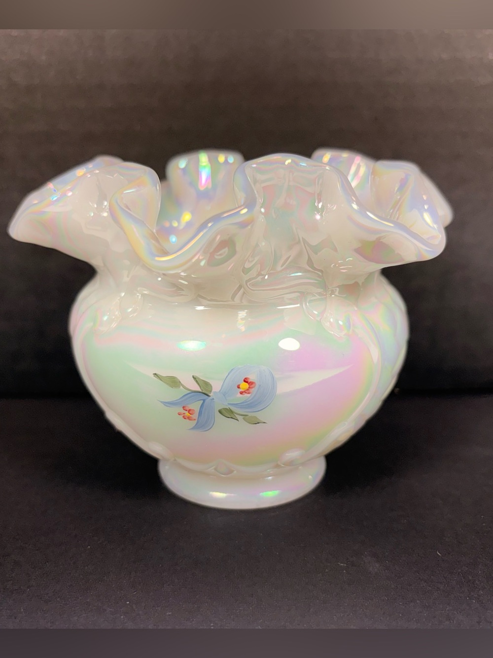 Iridescent Glass Rose Bowl Vase Ruffled Rim Hand-Painted Heart & Flowers